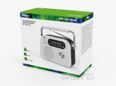 Радиоприёмник RITMIX RPR-045 WHITE, Bluetooth v.5.3, FM/AM/SW, USB, micro SD, кабель Type-C - USB (1/16)